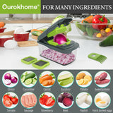 Ourokhome Vegetable Chopper Cutter with Container, Manual Hand Food Veggie Dicer with 2 Chopping Blades for Potato Strips (2 in 1, Gray)