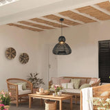 Modern 1-Light Matte Black Outdoor Coastal Boho 20 in. Scalloped Pendant Light for Patio with Wicker Rattan Shade
