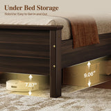 Uteeran Queen Size Bed Frame with Tall Headboard, Mid Century Modern Wood Platform Bed with Charging Ports and LED Lights, Solid Wood Slat Support, No Box Spring Needed, Easy Assembly, Walnut Brown