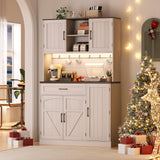 ONBRILL 71" Pantry Cabinet, Kitchen Pantry Storage Cabinet with LED Light & Outlet, Kitchen Hutch with Microwave Shelf & 6 Hook, Door Shelf & Drawer & Adjustable Shelf, Dining Room, Off White+Walnut