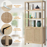 SICOTAS 71" Tall Rattan Bookshelf with Doors for Living Room Library