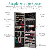 Best Choice Products Freestanding Jewelry Armoire Cabinet, Full Length Standing Mirror, Lockable Makeup Storage Organizer, w/Velvet Lining, 3 Angles, Lock, Accessory Pouch, 5 Shelves - Gray Oak