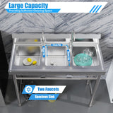Subiudzzh 3 Compartment Stainless Steel Sink, Commercial with 2 Faucets Freestanding Restaurant Sink for Manually Cleaning food, Bowls 39 x 18 x 35.8 Inch Loading 441 Lbs Silver