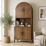 76" Tall Arched Kitchen Pantry, Large Kitchen Storage Cabinet with Fluted Doors and Microwave Stand, Modern Wood Buffet Sideboard, Adjustable Shelves, Cupboard for Dining Room, Living Room, Walnut