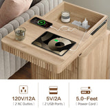 Yanosaku Night Stand Set of 2 with Charging Station, 3-Drawer Fluted LED Bedside Tables with Sliding Top & USB Outlets, Modern End Tables for Small Bedroom Living Room, Oak