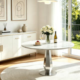 SSLine Round White Faux Marble Dining Table for 4-6 w/Diamond Silver Base