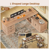 SEDETA Farmhouse L Shaped Desk with Drawers, 70.9" Home Office Desk with Storage Cabinet and Storage Shelves, L Shaped Computer Desk with Power Outlet，Oak