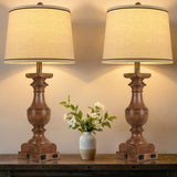 WIHTU Wood Grain Color Table Lamps, 28'' Resin Desk Lamp for Bedroom, Nightstand Lamps Set of 2, Farmhouse Bedside Lamps with Linen Shades, Rocker Switch, Table Lamps with USB A+C Port, Bulb Included