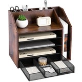 5-Tier Wood Desk Organizer and Pen Holder, File and Mail Sorter with Drawer