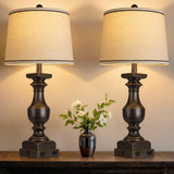 28'' Farmhouse Bedside Lamps Set of 2, Black Gold Table Lamps for Nightstand, Desk Lamps with Linen Shades, Table Lamps with USB A+C Port, Nightstand Lamps for Bedroom, Rocker Switch, Bulb Included