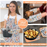 Alselo Oven Mitts and Pot Holders with Chef Apron,Set of 5 Heat Resistant Kitchen Gloves and Silicone Non-Slip Potholders Adjustable Neck Buckle Chef Apron, Cotton Nice Design for Cooking (Cat)