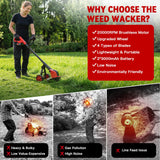 20000RPM Electric Weed Wacker Cordless with Wheel, 6000mAh Electric Weed Eater Battery Powered,4-in-1 Brush Cutter/String Trimmer/Grass Trimmer/Edger,Stringless Weed Trimmer,2 Battery