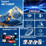 Wielio 2026 Smart Projector Android TV with WiFi 6 and Bluetooth 5.0 Built in 1000+ Apps 240 ANSI Portable Bedroom Mini Movie Projector Support 4K/1080P Auto Keystone & Zoom