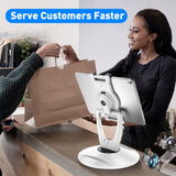 DeskLogics 360 Rotating Tablet Stand for POS Kiosk & Desk, Foldable iPad Holder with Phone Organizer Base, Swivel Counter Mount for Retail & Office, Fits iPad Pro 12.9, Air, Mini, All 4-13” Devices