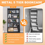 Tall Metal Bookcase, 5 Shelf Black Bookcase with Adjustable Shelves, Large Bookshelves and Bookcases