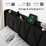 nesture. King Storage Bed Frame with 4 Large Drawers, Platform Bed with Upholstered Button Headboard & Charging Station, Wingback Storage Headboard, Noise-Free, No Box Spring Needed, Black