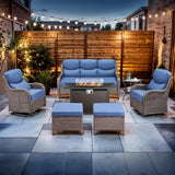 Luxury High Back Outdoor Furniture with 6-inch Extra Thick Cushions, Patio Furniture Set with Fire Pit Table & Swivel Chairs, 7 PCS Wicker Conversation Set for Yard, Deck, Poolside, Brown/Blue