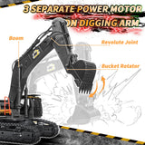 FUYLE 22 Channel Remote Control Excavator, 1/14 Scale RC Excavator Metal Shovel Independent Arms, Professional Construction Vehicles with Lights Sounds, Best Gift for 8+ Years Old Boys Adults