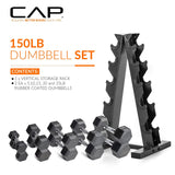 CAP 150 LB Rubber Coated Hex Dumbbell Hand Weight Set with Vertical Storage Rack - Chrome Handle | Black Rack