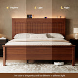 Uteeran King Size Bed Frame with Tall Headboard, Mid Century Modern Wood Platform Bed with Charging Ports and LED Lights, Solid Wood Slat Support, No Box Spring Needed, Easy Assembly, Warm Brown