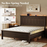 Uteeran Queen Size Bed Frame with Tall Headboard, Mid Century Modern Wood Platform Bed with Charging Ports and LED Lights, Solid Wood Slat Support, No Box Spring Needed, Easy Assembly, Walnut Brown