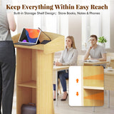 Podium Stand with Metal Wheels Wooden Lectern Podium Stand Portable Pulpit Standing with Storage
