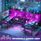Aheaplus L Shaped Gaming Desk with Power Outlets & LED Lights, Small L- Shaped Desk Computer Corner Desk with Monitor Stand & Storage Shelf, Home Office