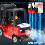 Mscredse RC Forklift with Trailer, 2 in 1 Transform Lift Fork & Hook, Kids Forklift Toy with Light & Sound & Spray, 11 Channel Remote Control Forklift, Construction Vehicles Toy Gift for Kids 6+ (Red)