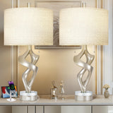 Scenekoy Sculptural Resin Table Lamp Set of 2 with USB Ports for Bedroom Living Room, 26” Antique Silver Leaf Dual Pull Chains Bedside Lamps, Nightstand Lamp for Home Room Decor (Bulbs Included)