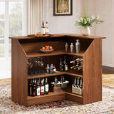 Tribesigns Bar Cabinet, L-Shaped Home Bar Table with Stemware Racks, 4-Tier Corner Bar Unit Liquor Wine Bar Table Reception Desk for Home Pub, Red Brown