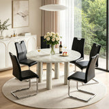 SSLine Faux Mars Stone Round Dining Table Set for 6 w/Black Leather Chair