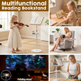 2 in 1 Dual-use Music Stand & Desktop Book Stand, Adjustable Height 16.5"-51", 100% Solid Wood Laptop Floor Stand Book Holder with Elastic Page Clips for Cookbooks (White with Tray)