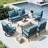 MFSTUDIO 6 Piece Metal Patio Furniture Set with Denim Blue Cushion
