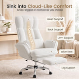 Daluvenix Cross Legged Office Chair with Flip Armrests，Big and Tall Executive Office Chair, 135° Reclining Criss Cross Chair with Footrest & Lumbar Pillow, Sink-in Cloud Cushion, Sherpa Fleece, White