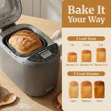Elite Gourmet Programmable Bread Maker with PFAS-Free CERALAST™ Ceramic Pan, 2 lb Loaf, 19 Presets incl. Gluten-Free, 3 Sizes, Delay Timer, Steel Gray