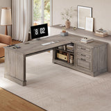 Executive Desk, 61" Farmhouse L Shaped Desk with File Drawers, Office Desk with Drawers and Power Outlets