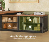 SEDETA Farmhouse L Shaped Desk with Drawers, 70.9" Home Office Desk with Storage Cabinet and Storage Shelves, L Shaped Computer Desk with Power Outlet，Black+Brown