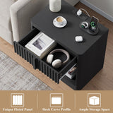 Harpaq Fluted Nightstand with Charging Station, 23.6" End Table with Solid Wood Handle, Curved Profile Design, Mid Century Moden Bedside Table for Bedroom, Black