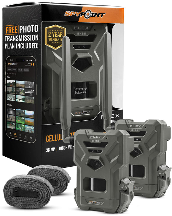 SPYPOINT Flex G-36 Twin Pack Cellular Trail Camera, 36MP Photos and 1080p Videos with Sound, GPS Enabled, Dual-Sim LTE Connectivity, 100' Flash & Detection Range, Responsive Trigger up to .3S SPYPOINT