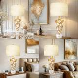 Scenekoy Sculptural Resin Table Lamp Set of 2 with USB Ports for Bedroom Living Room, 31” Big Gold Leaf Marble Base Bedside Lamps, Pull Chains Switch Modern Nightstand Lamp for Home Room Decor