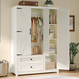 AMERLIFE Farmhouse 3 Door Wardrobe Closet with 2 Drawers & Hanging Rod, 47" Large Armoire Storage Cabinet with Adjustable Shelves, Freestanding Clothing Organizer for Bedroom, White