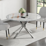 Maotifeys 45'' Round Dining Table White Marble Dining Room Table for 4-6, Circle Faux Marble Kitchen Table with 4 Silver Mirrored Stainless Steel Legs for Dining Room, Bistro, Breakfast (Table Only)