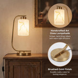 Mieloxiy Modern Industrial Table Lamp, Marble Pattern Glass Shade Desk Lamp with C-Shaped Gold Metal Base, Bedside Nightstand Lamp for Bedroom, Living Room, Office, E26 Base