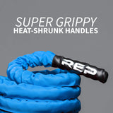 REP Battle Ropes - PolyDacron Battle Rope for Strength and Conditioning Workouts – 1.5" and 2" Diameter, 30ft, 40ft, 50ft Lengths with Optional Cover Sleeve (Blue With Sleeve, 1.5 x 50 ft)