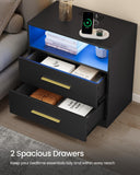 VASAGLE Custos Collection - 23.6 Inch Wide Nightstand with Charging Station, LED Lights, Modern Night Stand, Side End Table with Drawers, Open Shelf, 2 AC Outlets USB Ports, Ink Black