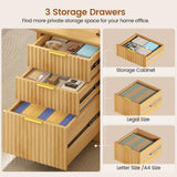 SEDETA Fluted 70.9" L Shaped Desk with Drawers and Storage Cabinet, Oak