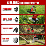 6000mAh Electric Weed Eater Battery Powered,12″ Brushless Electric Weed Wacker Cordless Wheeled String Trimmer,4 in 1 Grass Trimmer/Brush Cutter/Grass Edger/Weed Trimmer 5 Blade, 2 Battery (Red)