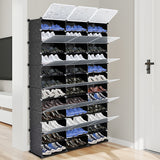 3-Row 12-Tier 36-Grid Black Shoe Rack Organizer w/ Translucent Pattern Doors