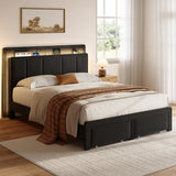 nesture. Queen Storage Bed Frame, Upholstered Platform Bed with 2 Drawers, Velvet Vertical Tufted Headboard with LED Lights and Charging Station, Wood Slats Support, No Box Spring Needed, Matte Black