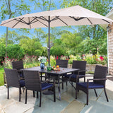 PHI VILLA 7pc Patio Dining Set with Beige Umbrella, 6 Rattan Chairs